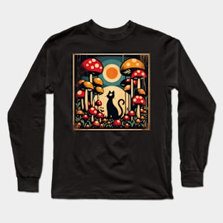 Funny Vintage Black Cat in Mushroom Garden Long Sleeve T-Shirt